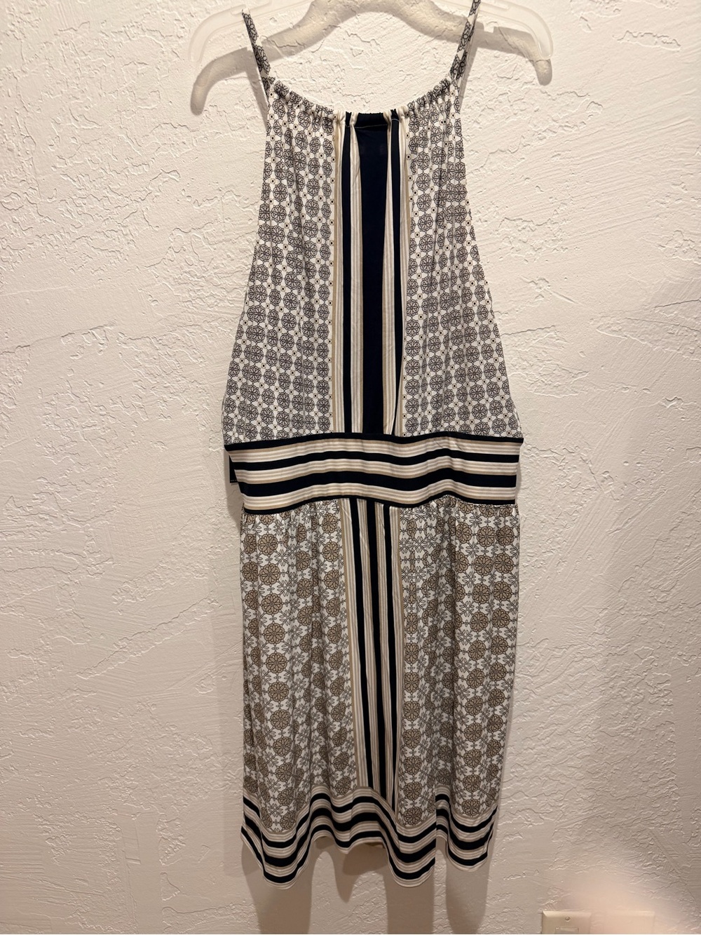 New York & Company Striped & Geometric Print Midi Dress in Black and Cream